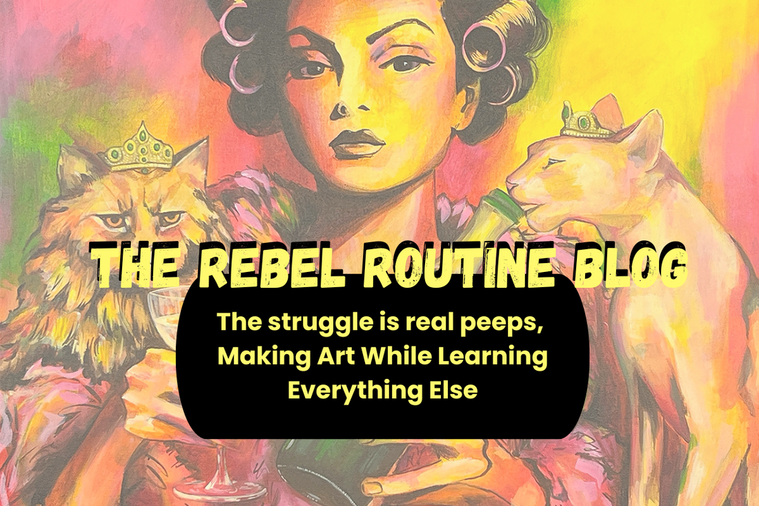 Colorful illustration of a woman holding a glass, with bold text promoting “The Rebel Routine Blog”.