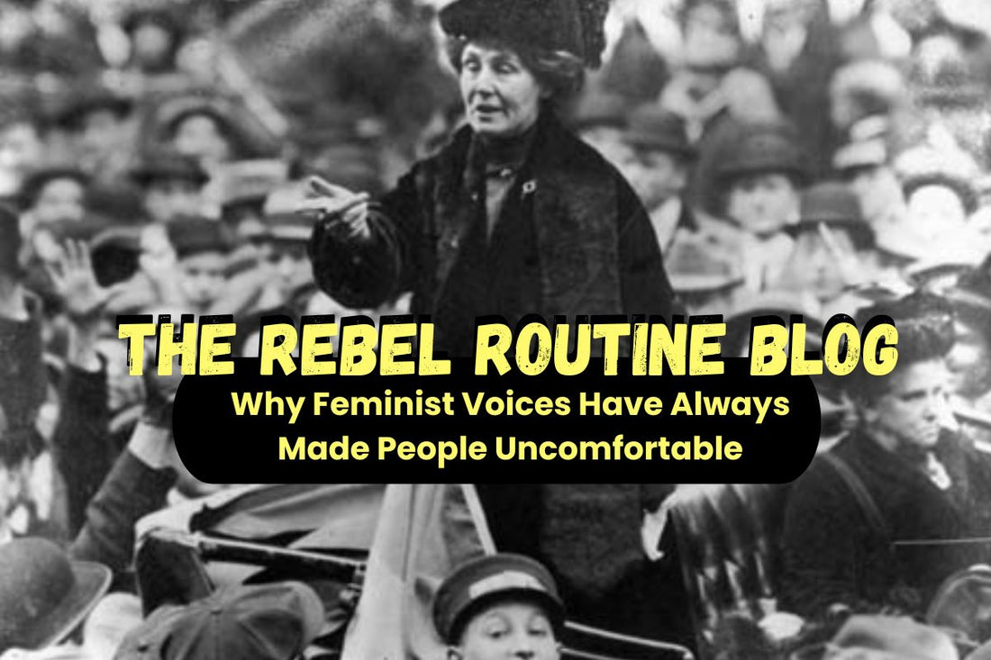 Black-and-white photograph of feminist activist Emmeline Pankhurst speaking to a crowd, used as the header image for The Rebel Routine blog.