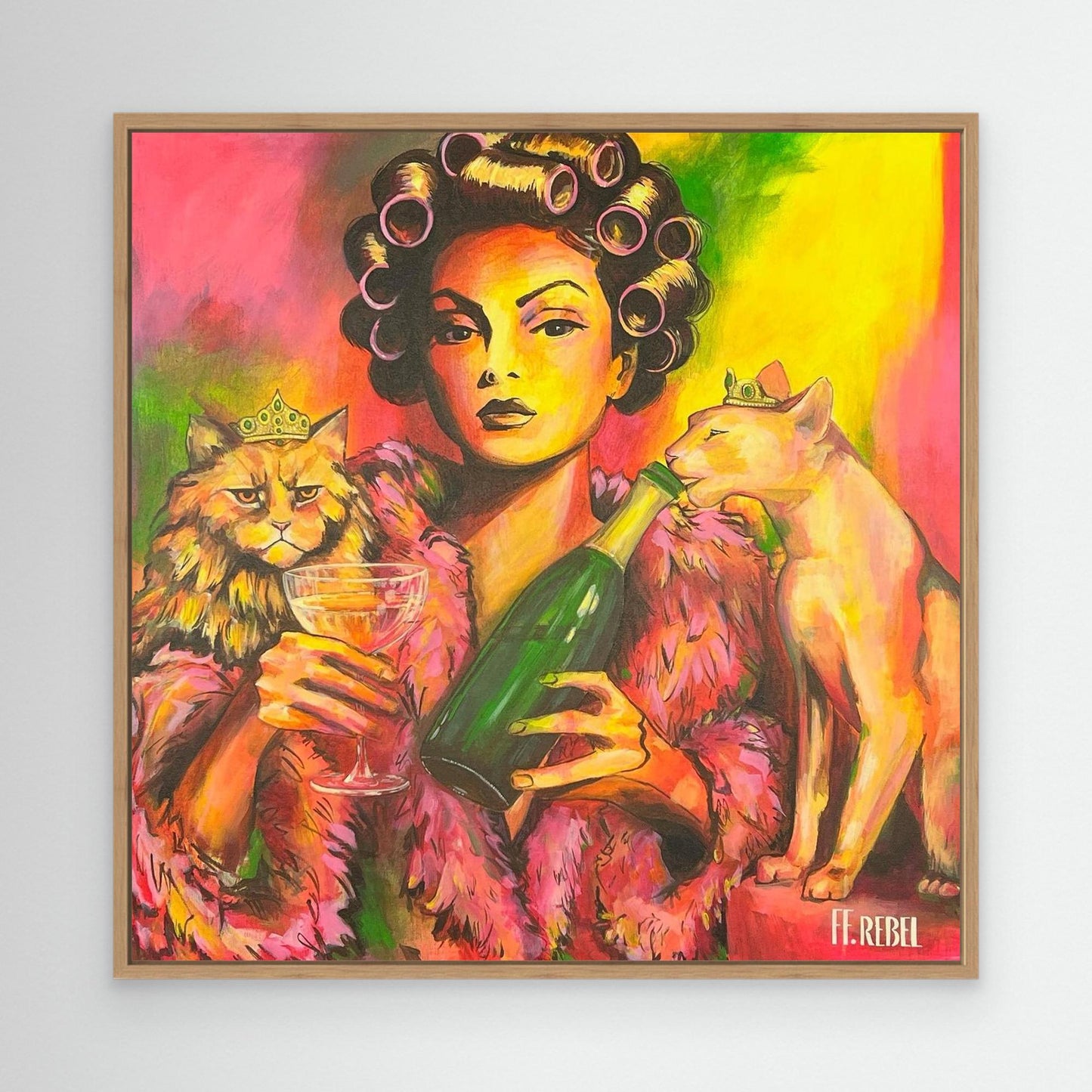 Feminist art canvas print featuring confident female portrait and cats, contemporary wall art by a female artist