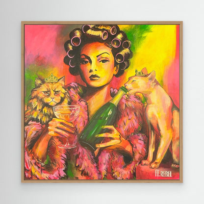 Feminist art canvas print featuring confident female portrait and cats, contemporary wall art by a female artist