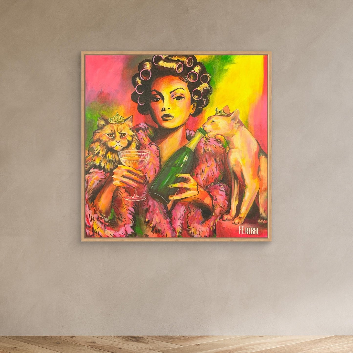 Feminist canvas wall art with playful symbolism and expressive portrait