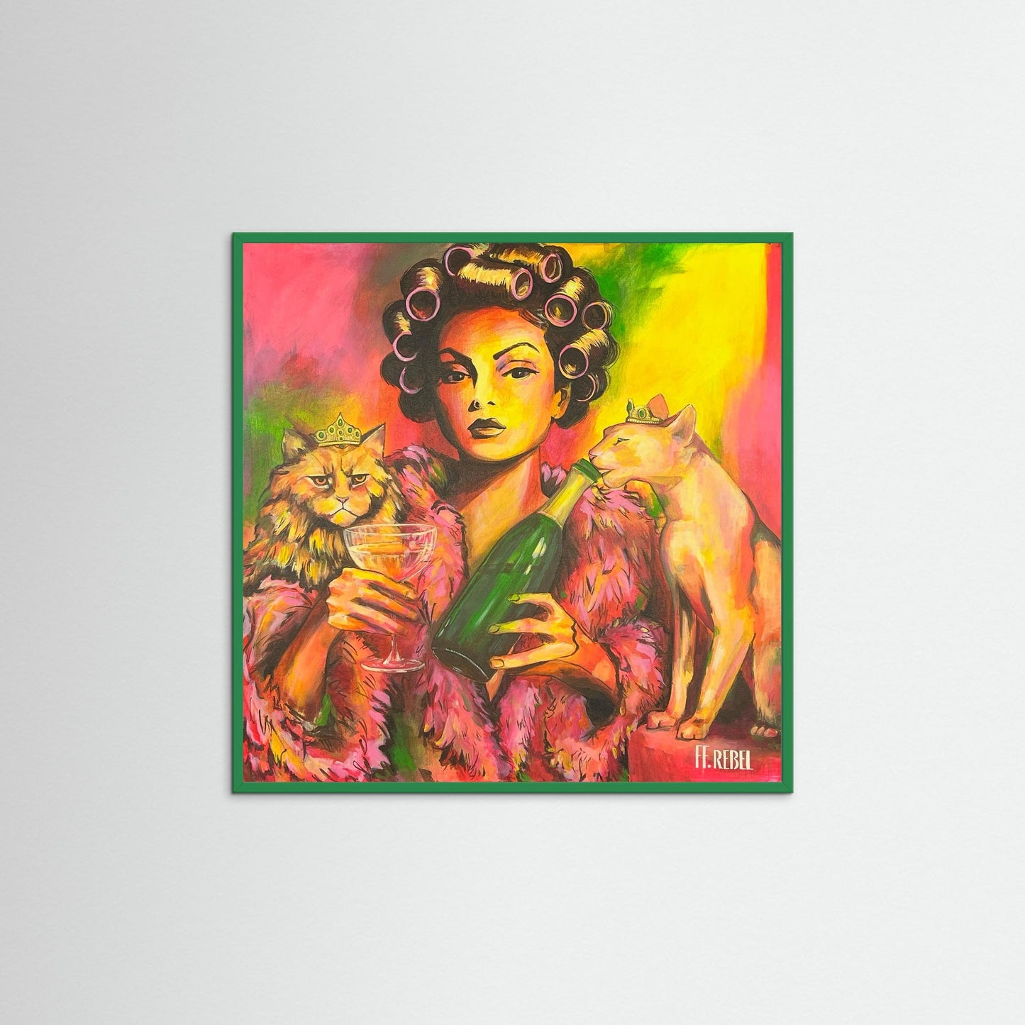 Modern feminist art poster with bold colors and playful expression, rebellious wall decor