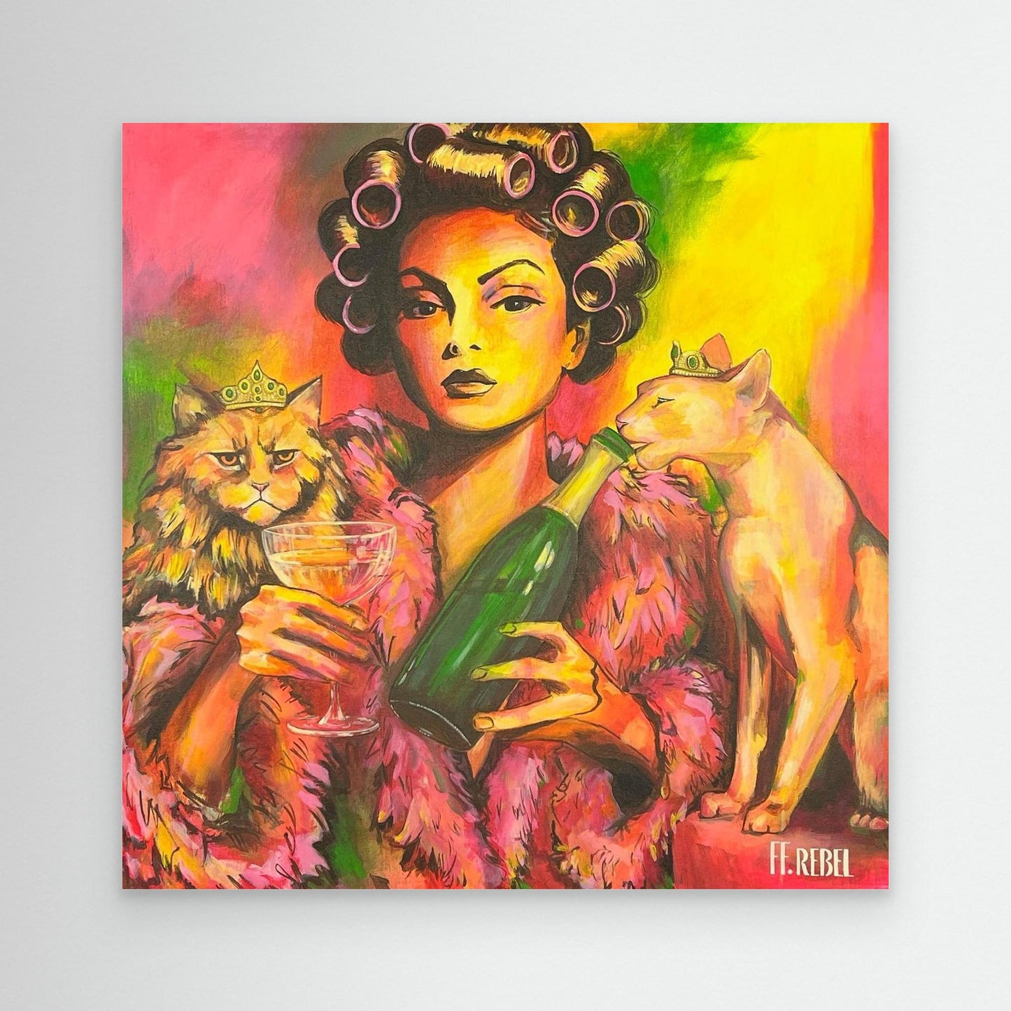 Feminist art canvas print featuring confident female portrait and cats, contemporary wall art by a female artist