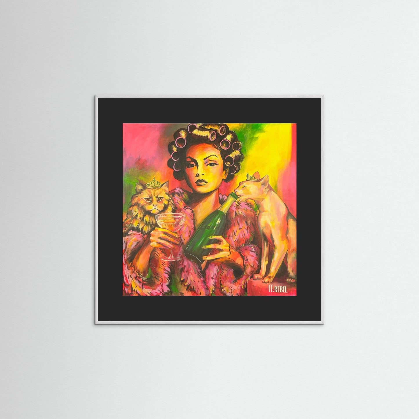 Contemporary feminist art poster with rebellious humor and modern style